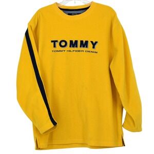 VTG Y2K Tommy Hilfiger Jeans Yellow Spell-Out Pullover Fleece Sweatshirt Men's L